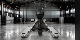 Front view of a pallet jack centered inside an empty warehouse with polished concrete floor.