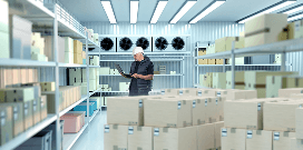 Warehouse worker checking inventory on a tablet inside a temperature-controlled storage room with stacked boxes.