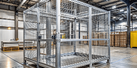 Metal safety cage enclosure installed inside a warehouse for equipment protection or secure storage.