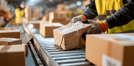 A worker picks a package off of a conveyor system while other packages are on and around the conveyor