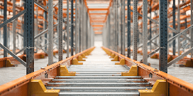 Rows of orange push back racks with yellow braces showing the rollers