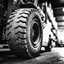 Close-up image of the tire of a forklift in a warehouse